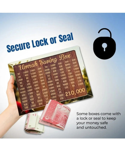 Wooden Umrah Saving Box – Premium 210,000 Goal Money Box For Umrah Fund, Elegant Islamic Design Charity And Donation Storage Box